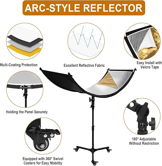 Clamshell Light Reflector Diffuser with Rolling Stand and Carrying Bag, 70"x24"/180x60cm Arclight Curved Lighting Reflector for Photo Studio Photography with White/Gold/Silver/Black Colors by MCCKLE