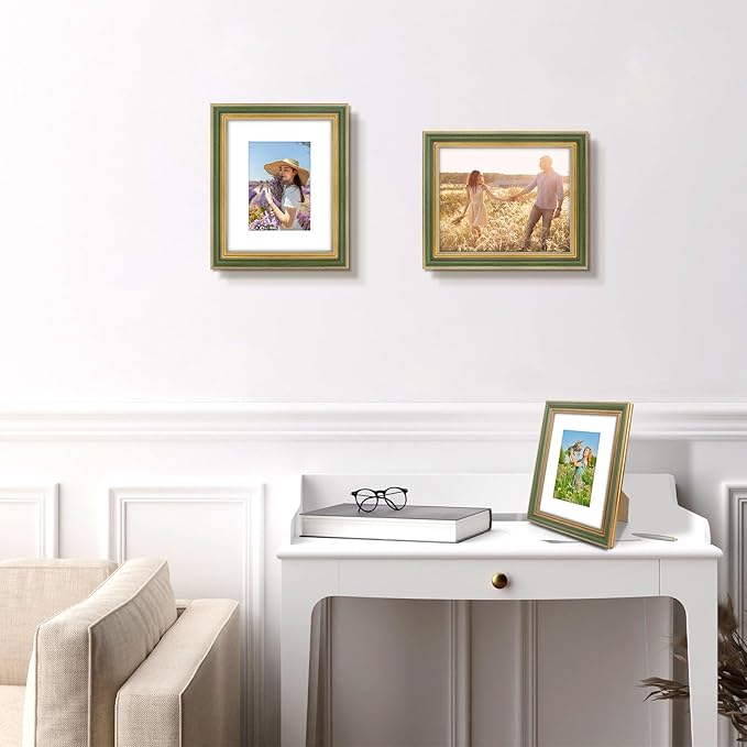 Golden State Art,8x10 Ornate Picture Frame for 5x7 Photo with Mat or 8 x 10 Prints Without Mat, Real Glass Wall & Tabletop Display Horizontally or Vertically (Color:Green Gold)