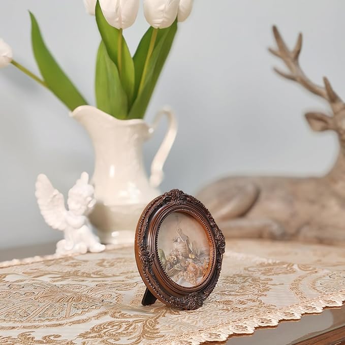 Vintage Picture Frames 3x3 Ornate Distressed Brown Antique Pictue Frames with Real Glass Cover for Wall & Tabletop Display Victorian Home Decor Gallery Wall Decor,Round