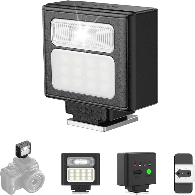 ULANZI SL02 Camera Flash with Video Light, GN8 6500K Mini Flash Speedlite, 4 Power Levels, Compatible with Sony ZV-1/ZV-E10/Canon/Nikon/Fuji/Panasonic/Leica/Olympus, 【Not Fits Sony ZV-1F】