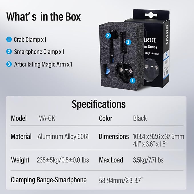 SIRUI Articulating Camera Mount Clamp with Phone Holder, Magic Arm Super Clamp with 1/4"-20 Thread and 3/8"-16 Locating Hole for ARRI, Ball Head Mount for Camera Monitor and Bicycle, MA-GK, Black