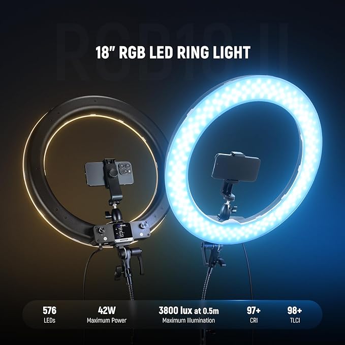NEEWER 18 Inch RGB LED Ring Light APP Control with Tripod Stand and Phone HolderCompatible with iPhone for Selfie Makeup Lash Studio Streaming Video Recording Lighting, 42W Ringlight Dimmable,RGB18 II
