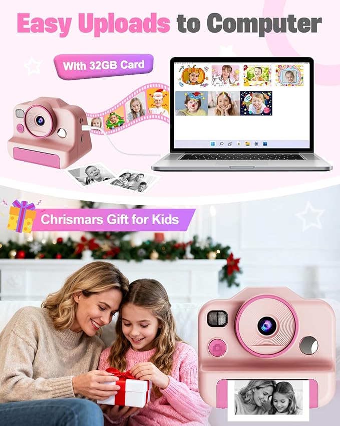 Instant Print Camera for Kids, Front Rear Dual Selfie Kids Camera with 1080P Videos, Christmas Birthday Gifts for Kids Ages 3-12, Toddler Digital Camera Toy for 4 5 6 7 8 Year Old Girls (Pink)