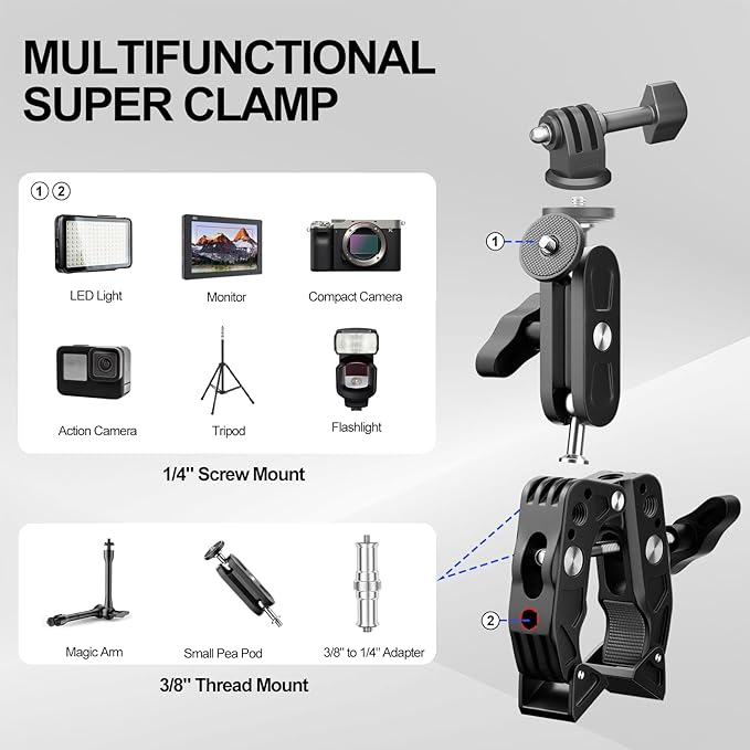 Super Clamp Camera Mount with 360 Dual Ballhead Magic Arm, 1/4"-20 & 3/8"-16 Thread and Phone/Action Camera Mount Adapter for Canon Nikon DSLR Camera/Gopro/LED Light/Monitor