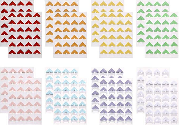 Penta Angel 16 Sheets 8 Colors Photo Corner Stickers Holder Protectors Self Adhesive Photo Mounting Corner Stickers Picture Corners for DIY Scrapbooking Photo Album Personal Journal Diary, 384 Count