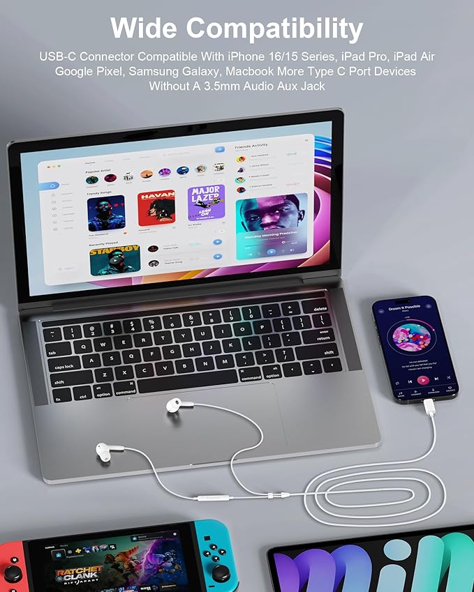 iPhone 17 16 USB C Wired Headphones with Microphone, Noise Cancelling Earbuds USBC for iPhone 16e 16 Pro Max 15 Plus, Samsung Galaxy Bud S25 Ultra Apple Wired Ear Buds in-Ear Type C Plug Earphones Mic