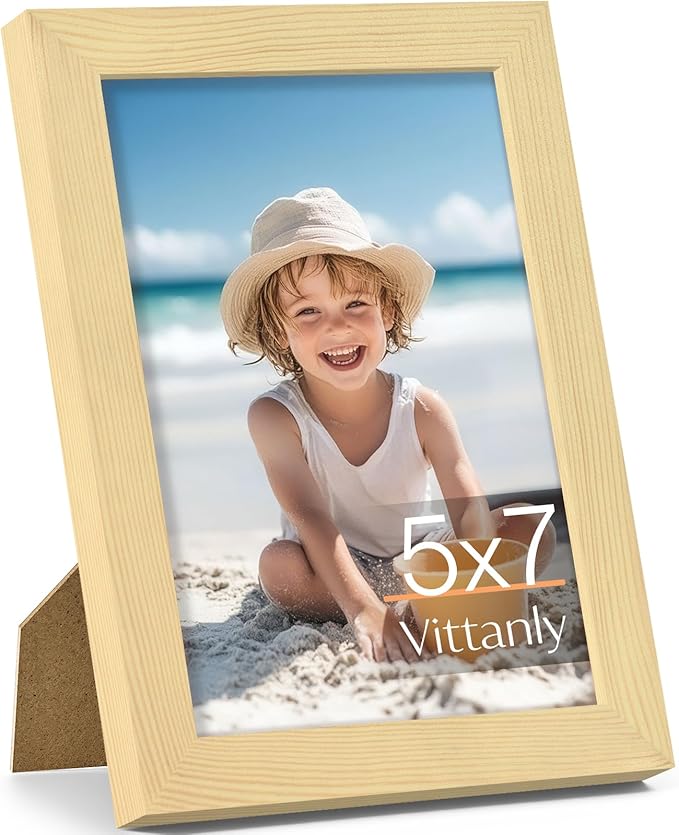 Vittanly 5x7 Picture Frame, Made of Solid Wood and Shatterproof Plexiglass, Wooden Photo Frame for Wall Mounting or Tabletop Display, Picture Frame for Home Decor with Stand, Natural, 1 Pack