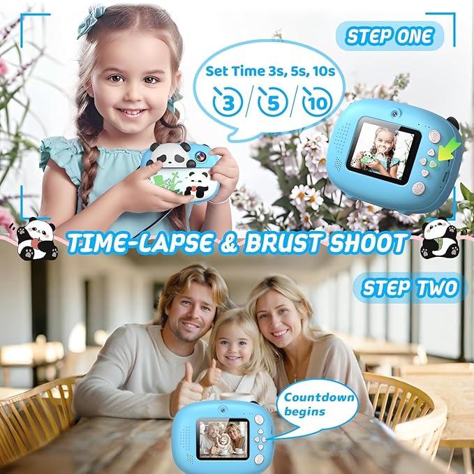 Panda Kids Camera Instant Print Photo with 32G Card, 1080P HD Video Instant Cameras Age 3-12, Digital Toddler Camera Toys with Color Pens for DIY 3-12 Year Old Girls Boys Gifts Birthday, Blue