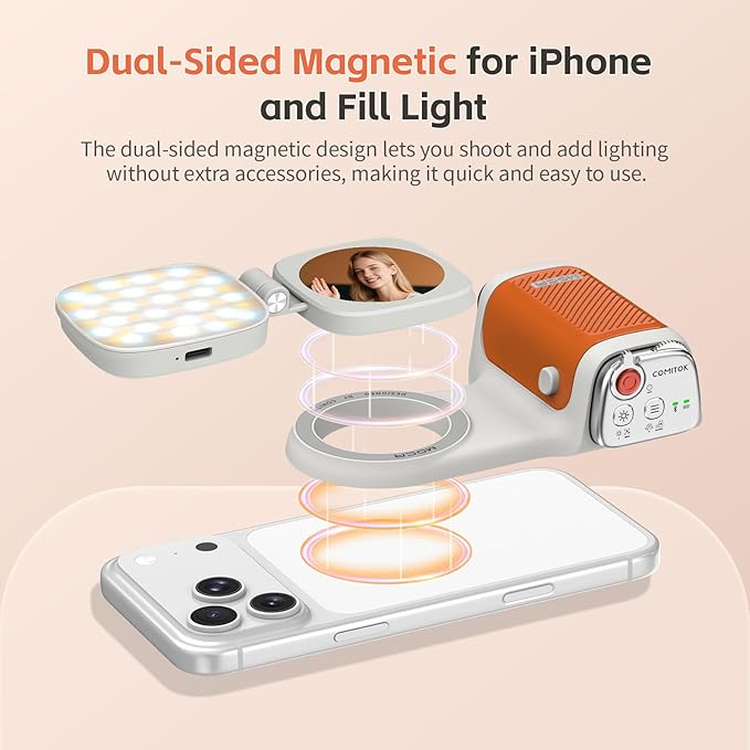 COMITOK iPhone Camera Grip MOCA with Magnet Fill Light & Mirror for 17 Pro iOS26 Native Camera, Fun Shot Magnetic Grip for Phone Compatible iOS17 and iOS18 with Anti-Drop Detachable Remote & Keychain