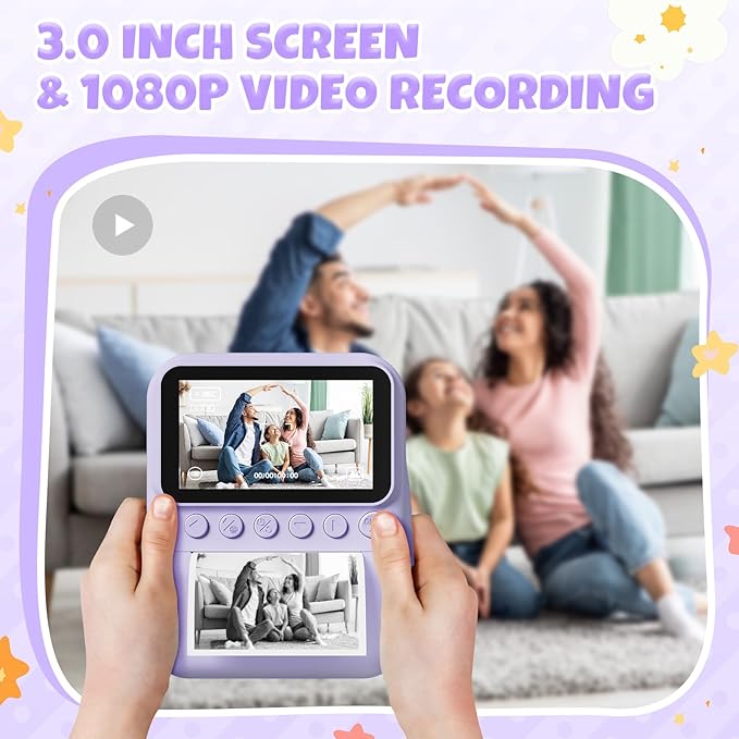 Kids Camera Instant Print, 3.0'' Screen 48MP Photo Instant Camera for Kids with 32GB Card, 1080P HD Digital Child Printable Camera, Gift for 3-12 Year Old Girls Boys (Purple)