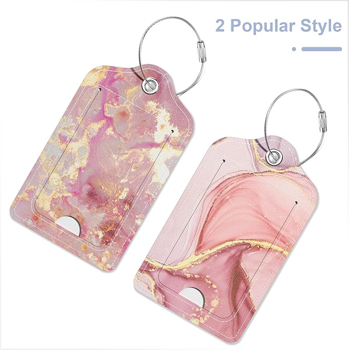 2 Pack PU Leather Luggage Tags for Suitcase, Travel Cruise Luggage Tag with Privacy Flap, Name ID Label and Metal Loop for Women Men Baggage Handbag School Bag Backpack, Pink Marble