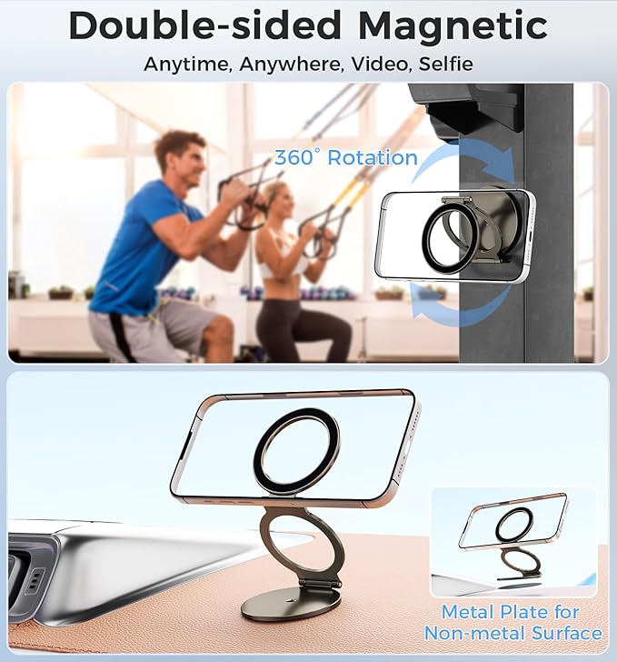 Dual Magnetic Phone Holder for MagSafe, 1/4" Screw Tripod Mount Adapter, Gym Magnet Phone Stand with Kickstand for iPhone 16 Pro Max 15 14 13 12 MagSafe Case Cell Phone