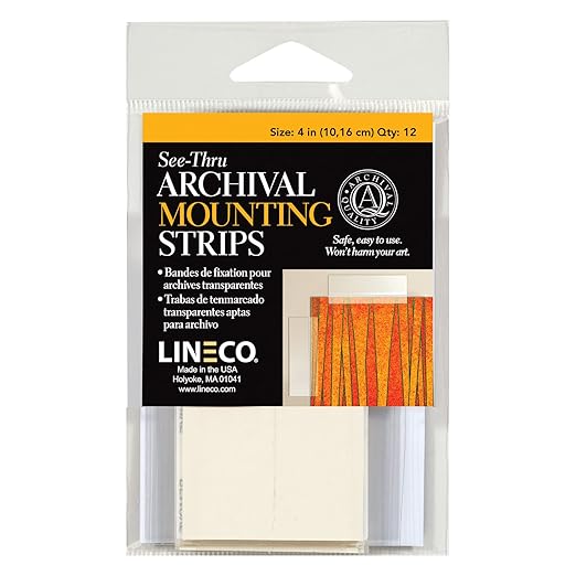 Lineco See-Thru Polyester Mounting Strips, Hingeless Mount Artwork to Mats, Sturdy for Prints, Documents, Photos, Paper and More. 4 inches, Pack of 12
