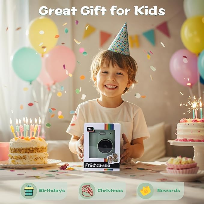Kids Camera Instant Print, 1080P HD Dual-Lens Selfie Digital Camera with 5 Printing Paper Rolls & 32G TF Card, for Children, Portable Toddler Toy for Age 3-12 Boys & Girls (Mint Green)