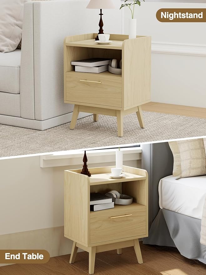 Night Stand with Drawer & Open Storage Shelf, Small Wooden Nightstand with Raised Edge, Mid Century Modern Side Table with Solid Wood Feet, Metal Handle for Bedroom Natural