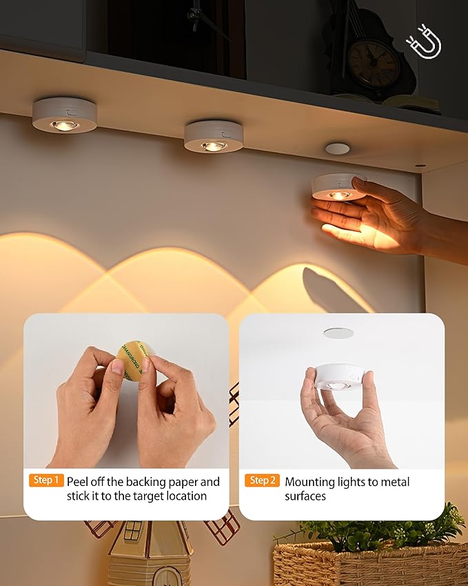 Under Cabinet Lighting Rechargeable Battery Operated Puck Lights with Remote, 3 Color Temps &12 RGB LED Night Light, Magnetic Stick on Light, Dimmable Under Counter Lights for Kitchen