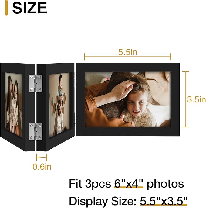 decorUhome Triple 6x4 Picture Frame Horizontal, Engineered Wood Trifold Photo Frame with Plexiglass for Tabletop Display, 6x4, Black