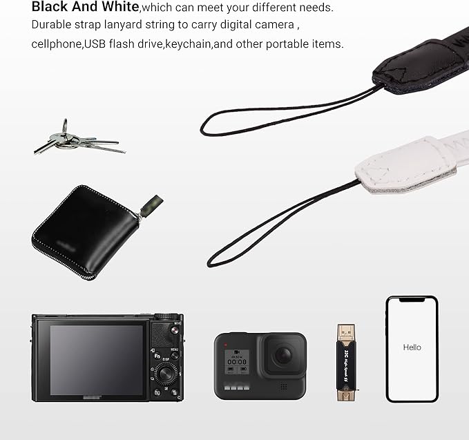 2 Pack (Black & White) 9.25'' Durable PU Short Lightweight Camera Hand Wrist Strap Wristlet Lanyard Phone Keychain String Badge Straps for Osmo Pocket 3 Gopro USB Flash Drive Keys Wallet Charm Decor