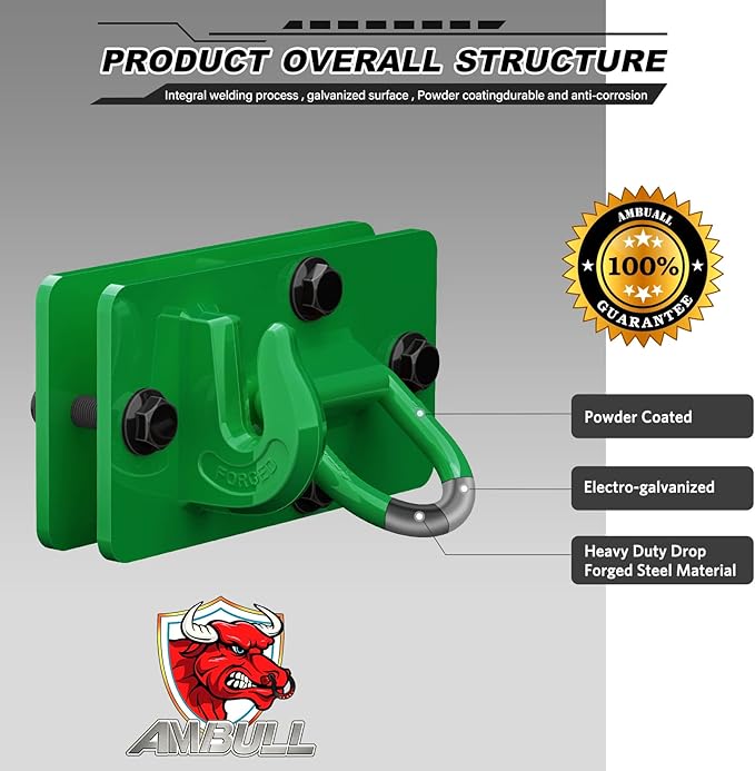 2 Pack Tractor Bucket Hooks with Tie Down Ring, Grade 70 Forged Steel Bolt On Grab Hook Tow Hook Mount with Backer Plate, Work Well for Tractor Bucket, RV, UTV, Truck, Max 15,000 lbs DarkGreen