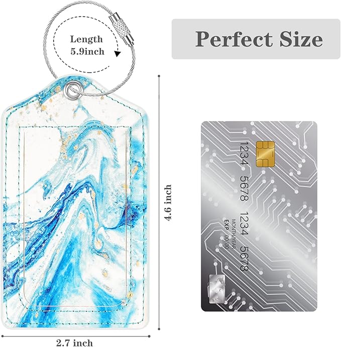 (Set of 2) Luggage Tag Leather Privacy Cover ID Label Address Card with Stainless Steel Loop, Travel Bag Tags Suitcase Labels, Blue Marble