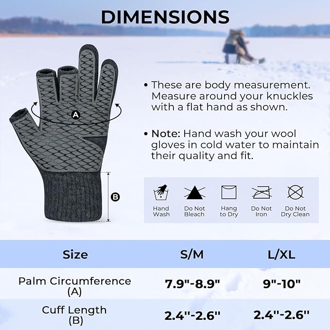 KastKing Bully Wooly 3-Cut Fingerless Wool Fishing Gloves, Cold Weather Warm Winter Gloves for Men & Women, Ice Fishing