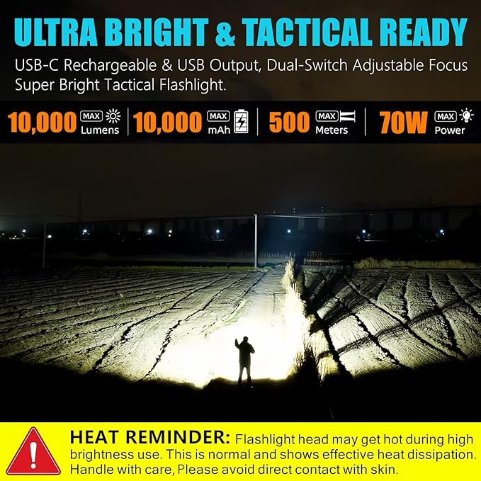 10,000 High Lumens Rechargeable LED Flashlights, 70W High Power XHP360 Wick Super Bright Zoomable Tactical Flashlight with USB Output, Dual Powerd Large Size Flash Light for Emergency Camping Hunting