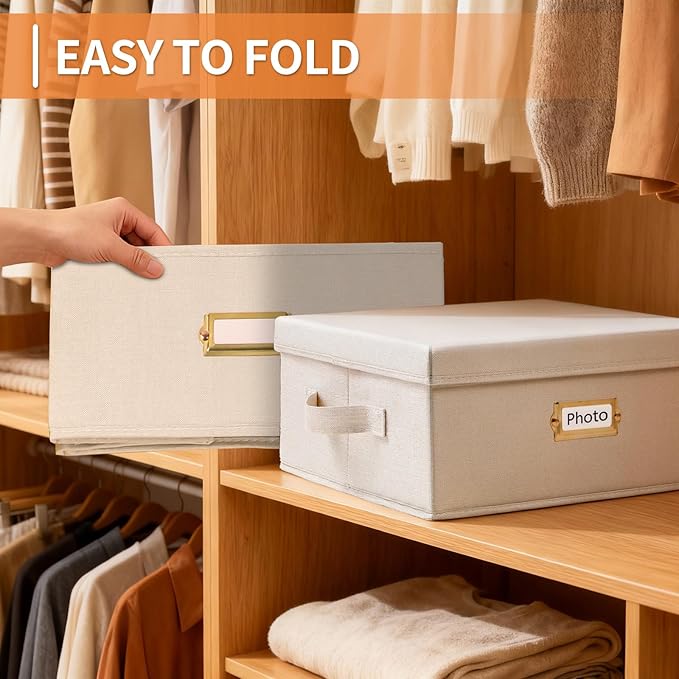 Aokeyee 2PC Photo Storage Box - Decorative Linen Memory Organizer for 4x6 Pictures, Keepsake Box with Dividers & Labels, Holds 1700+ Photos