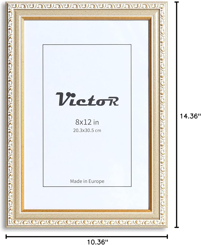 VictoR Picture Frame Chagall 8x12 Beige Gold - Vintage Picture Frames with Shutterproof Acrylic Glass - 8 x 12 Photo Frame - Beige Picture Frames - Antique - only for hanging