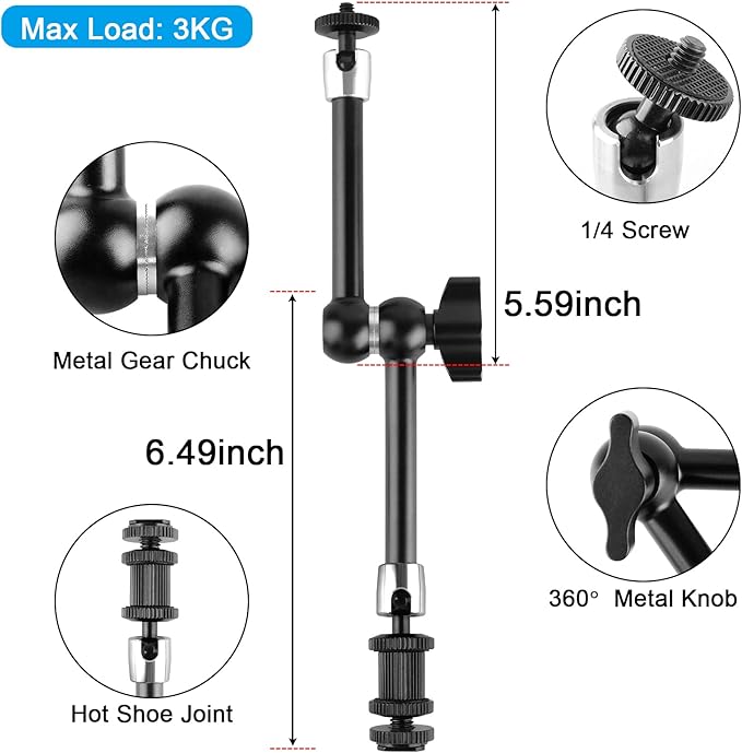 ChromLives Magic Arm Camera Clamp, Adjustable 11" Articulating Arm Camera Mount with Super Clamp W/ 1/4" and 3/8" Thread for DSLR Rig/LCD Monitor/LED Lights/Flash Light