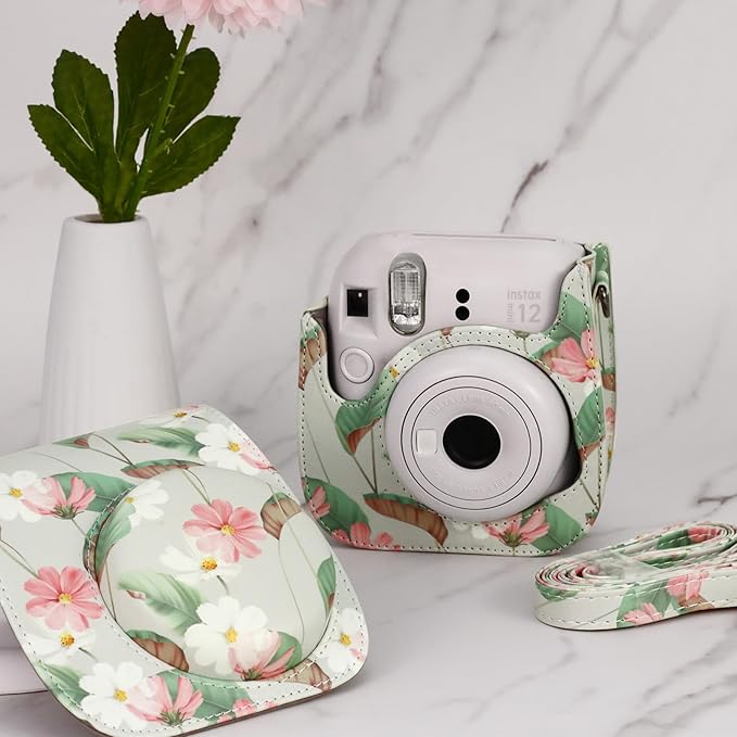 Frankmate Protective Case Fit for Fujifilm Instax Mini 12 11 9 8 Camera, PU Leather Camera Bag with Pocket and Adjustable Shoulder Strap (Retro Daisy)