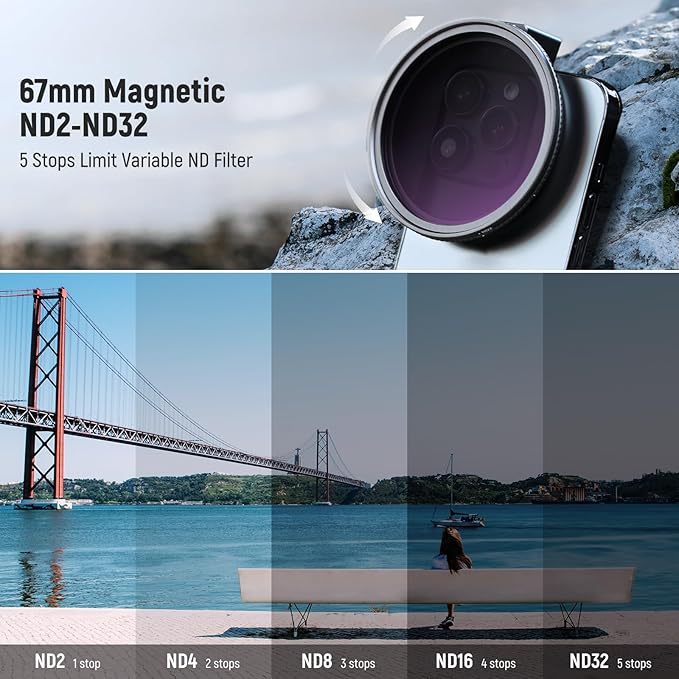 NEEWER 67mm Clip On Variable ND2-ND32 Phone Lens Filter Kit + PA009 Upgraded Phone Rig Vlogging Kit, Clip with Magnetic Adapter Ring/Cold Shoe/Locking Knob, HD Magnetic ND Filter for iPhone Samsung