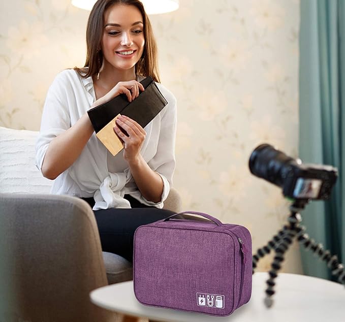Electronic Accessories Organizer, Portable Travel Cable Storage Bag Tech Pouch with Adjustable Compartments Water-Resistant Handbag for Smart Device Cords Chargers Hard Drives Gadgets