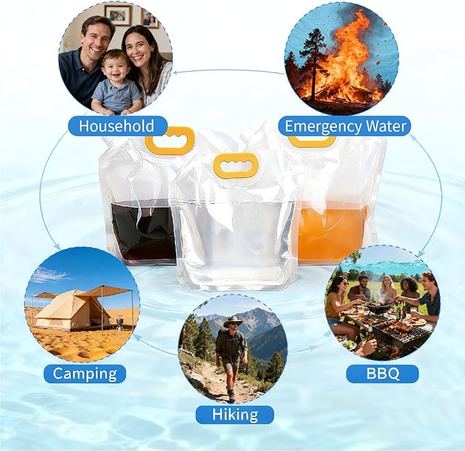 Collapsible Water Container Bag 8Pcs 1.3 Gallon, Freezable Plastic Foldable water Pouch Bag with Handles,Leak-Proof Plastic Storage Jug for Outdoor Sport Camping Emergency Survival