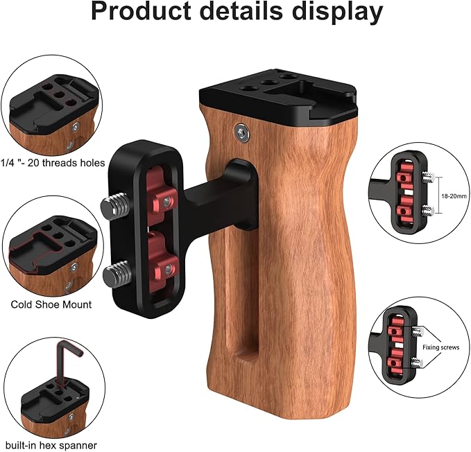 Poyinco Wooden Mini Handle Side Handgrip with 1/4"-20 Screws for Digital Camera DSLR Camera Cage with Cold Shoe Mount Built-in Wrench can Up and Down Adjustable - Black