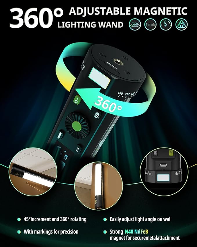 TL30 RGB Light Tube, RGBWW 360° Adjustable Magnetic Video Lighting Wand Stick with Smart APP Control, 2700K-10000K CRI96+ TLCI99+, 21 Scenes, Focus-Adjustable Spotlight, 5000mAh Battery