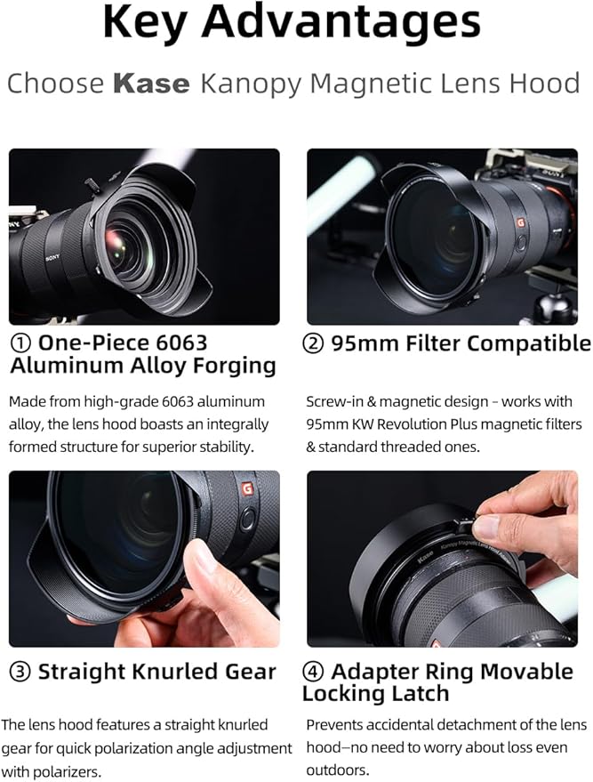 Kase Kanopy Magnetic Metal Lens Hood for Revolution/Revolution Plus 95mm Filters (Hood + 82mm Adapter)