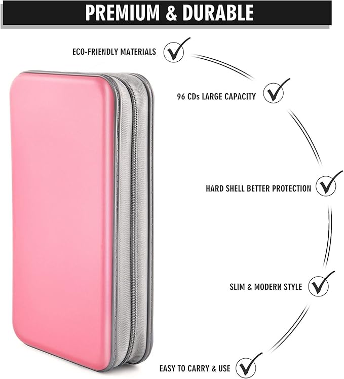 DVD Case, Bivisen CD Case Holder Wallet Binder 96 Capacity CD/DVD Cases Storage Holder Binder Organizer Wallet Book for Car Home Travel (Light Pink)