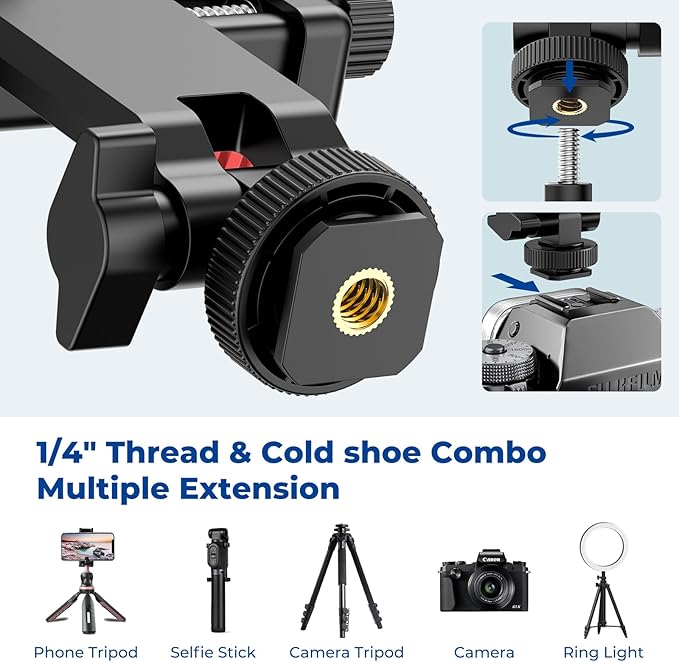 Phone Tripod Mount with Remote Controller, New Universal Smartphone Mount Adapter with Cold Shoe, 360° Rotates Cell Phone Clip Clamp Holder, Compatible with iPhone, Samsung and All Phones