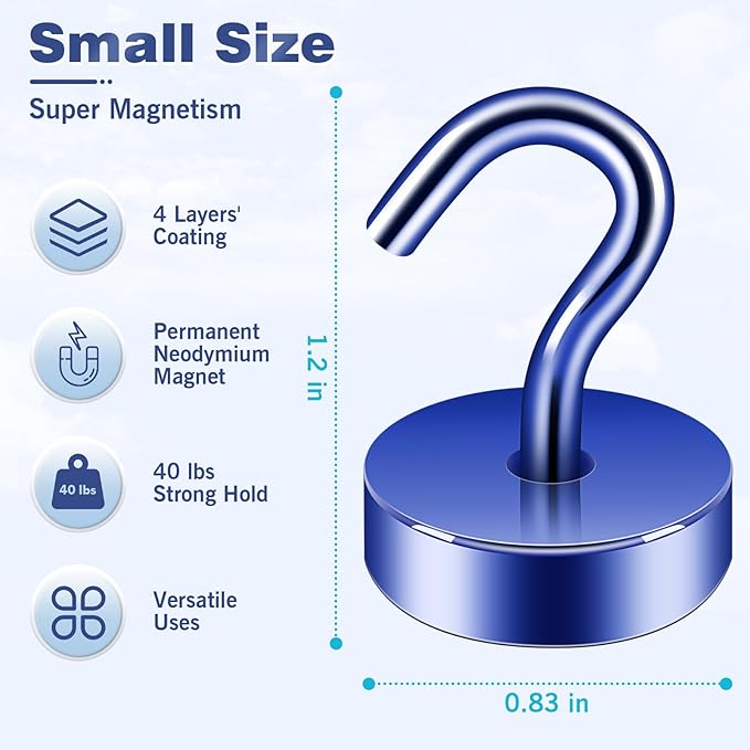 Neosmuk Magnetic Hooks, Cruise Ship Essentials, 40lb+ Heavy Duty Magnetic Hooks for Cruise Cabins, Refrigerator, Grill, Hanging, and Travel | Extra Strong Must-Haves Magnet Hook,Navyblue,Pack of 5