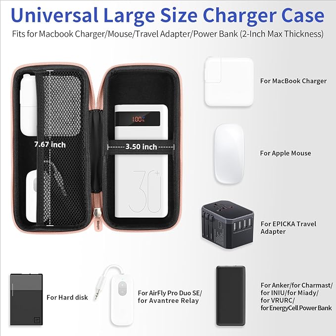 iMangoo Travel Essentials Electronics Organizer Charger Case Portable Dual Zipper Shockproof Pouch Tech Purse Cord Cable Pouches Power Bank Storage Accessories Bag for Women Men,8.5x4.5x2 Rose Gold