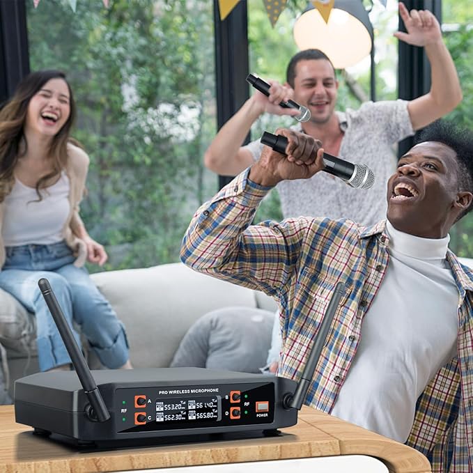 4-Channel Wireless Microphone System for Karaoke & Church UHF Handheld Mics, Plug & Play Setup, Clear Sound for Party & Meetings