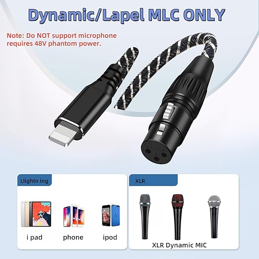 XLR to i Phone Microphone Cable,6.6FT XLR Female to Light ning Microphone Cable for Dynamic Microphones or Recording Karaoke Sing,Compatible with i-Phone 14/13/12 pro max,i-Pad 9/8/7