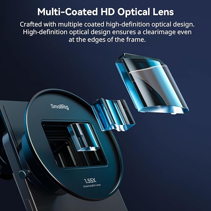 SmallRig 1.55XT Anamorphic Lens for Phone, 2.76:1 Widescreen Cinematic Blue Flare Lens for T-mount Phone Cage, Anamorphic Lens with Lens Clip for iPhone 15 14 13 12, for Samsung S22 S21 Series - 3578B
