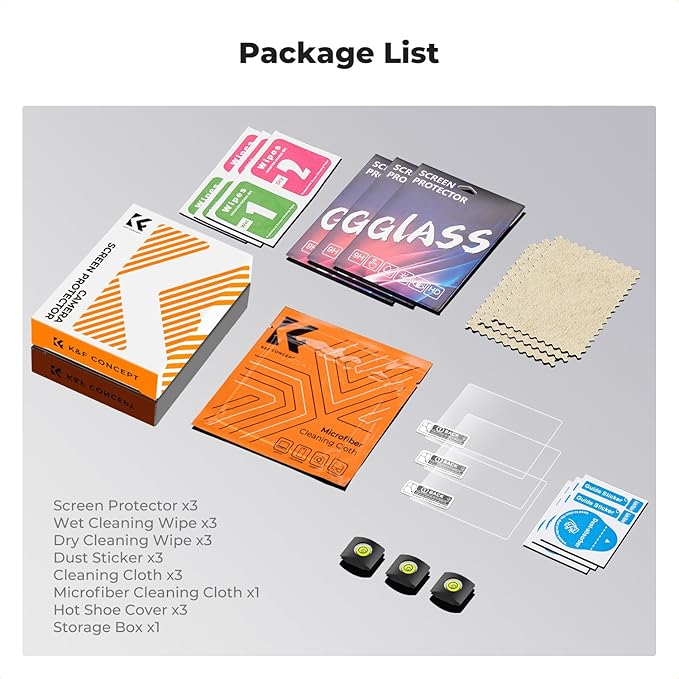K&F CONCEPT 3 Pack Camera Screen Protector Kit Compatible with Canon R50 R8, 0.3mm 9H Hardness Tempered Glass Cover Anti-Scratch Bubble-Free & Hot Shoe Cover