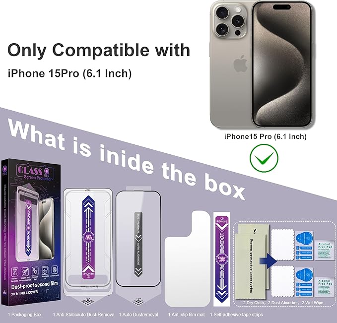 CHISHA 2-Pack Screen Protector Tempered Glass for iPhone 15 Pro 6.1-Inch, Auto Dust Removal, No Bubbles, High Definition Clear, Easy Installation