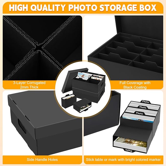 ATPWONZ 2 PCS Photo Storage Box for 5"x7" Photos, with 16 Inner Picture Boxes, 15“ x 10.3“ x 6.1“ Photo Organizer Box, Portable Scrapbook Photo Boxes with Lid, for Photo Stickers Stamps Seeds(Black)