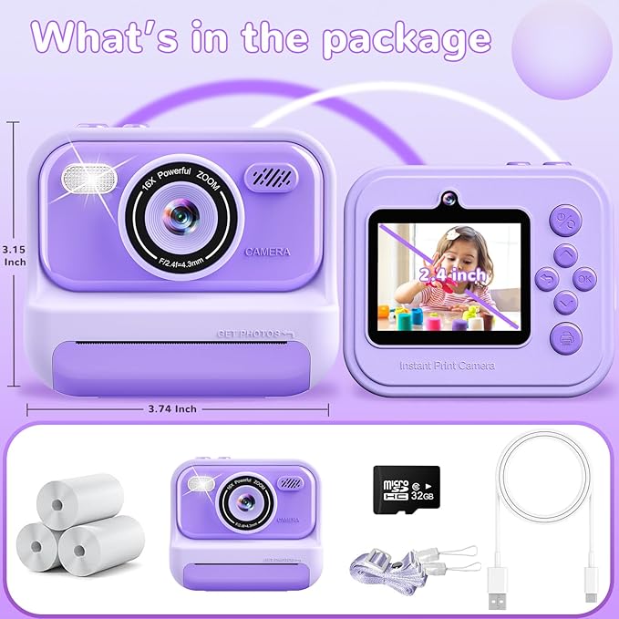 Instant Print Camera for Kids, Valentine‘s Day Present Birthday Gifts for 3 4 5 6 7 8 9 10 Year Old Girls and Boys, 1080P Digital Camera with 2.4 Inch Screen, Portable Toddler Travel Toys, Purple