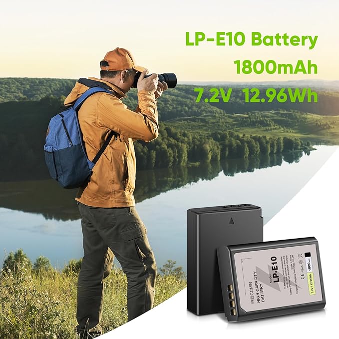 2Pcs LP-E10 Battery, 1800mAh Battery for Canon EOS Rebel T3 T5 T6 T7, Kiss X50 X70 T100, EOS 1100D 1200D 1300D 1500D 2000D 3000D 4000D Digital Cameras