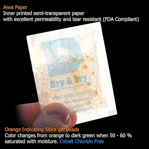 Dry & Dry Orange Indicating Silica Gel Packets Desiccant - Food Safe Silica Gel Desiccant Packs, Silica Packets - White - 20 Gram (15 Packets)