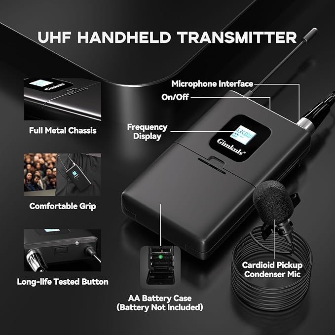 Wireless Professional Lavalier Microphone System, Dual UHF Cordless Mic Set with 2 Bodypacks & Lapel Microphones, 200 Channel Auto-Scan, 328ft Range for Church, Speaking, Teaching, Interview
